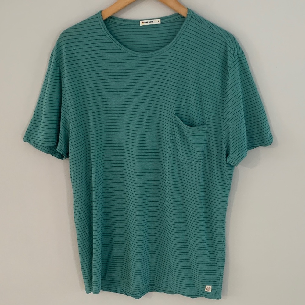 Marine Layer Men’s Hemp Blend Striped Pocket Tee Shirt Size Large Green